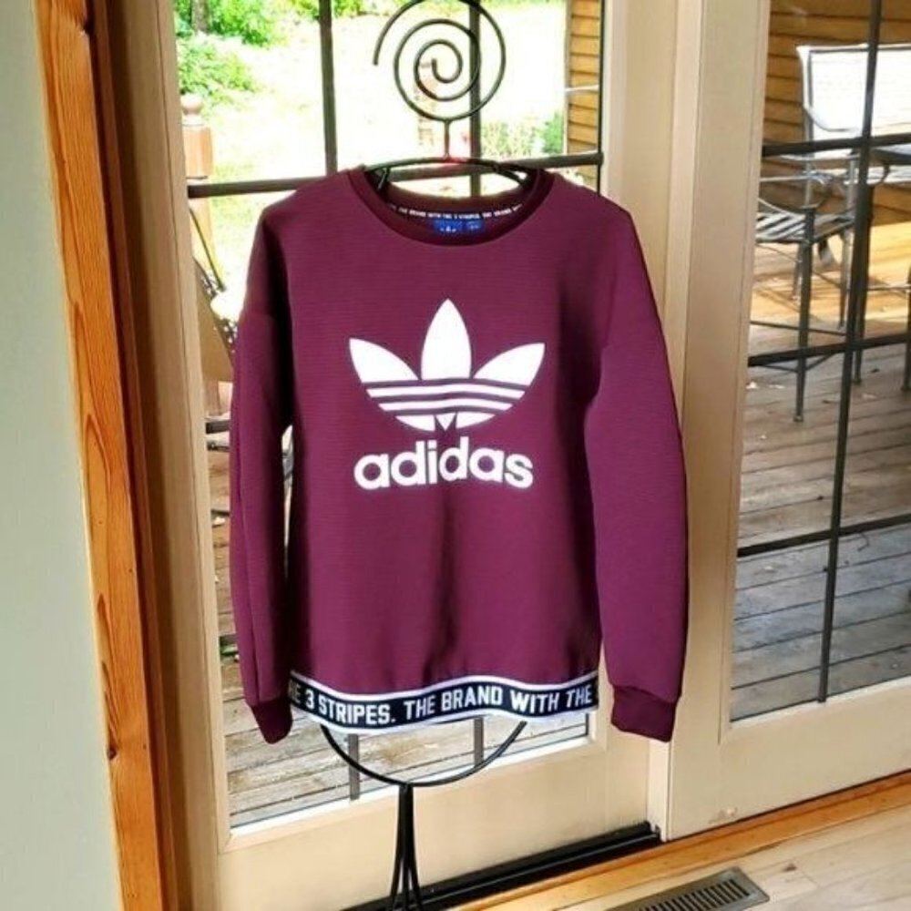 Adidas Trefoil Big Logo Graphic Crewneck Banded Embellish Waist Sz S Sweatshirt